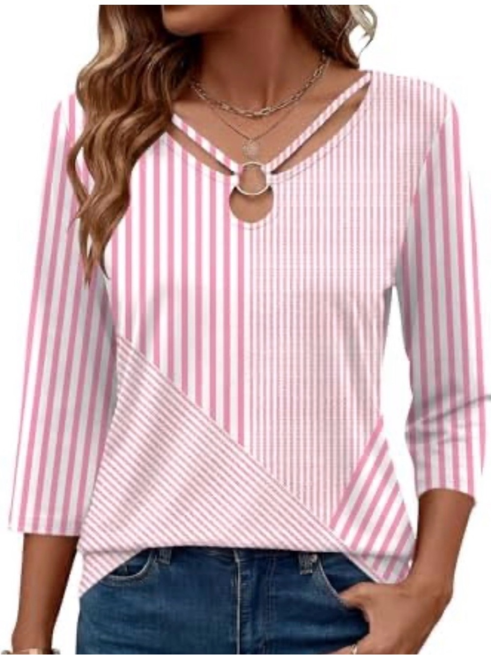 Amazon Pink & White Striped Long Sleeve Keyhole Top